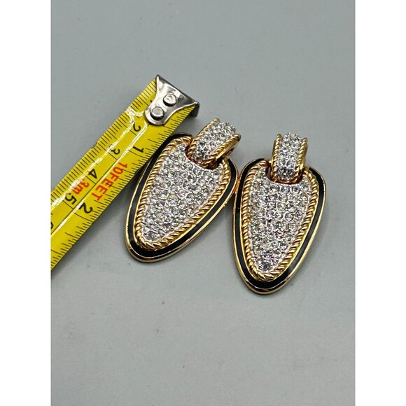 Swarovski Swan Signed Statement Clip Earrings Crystals Pave Gold & Black Enamel - Picture 10 of 10